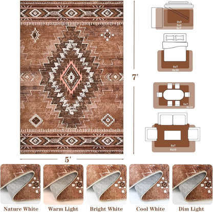 Bleum Cade Western Rugs for Living Room 5x7 Area Rug, Moroccan Washable Rugs for Bedroom, Non-Slip Boho Indoor Rug, Soft Low Pile Stain Resistant Geometric Floor Large Carpet Home Decor,Brown