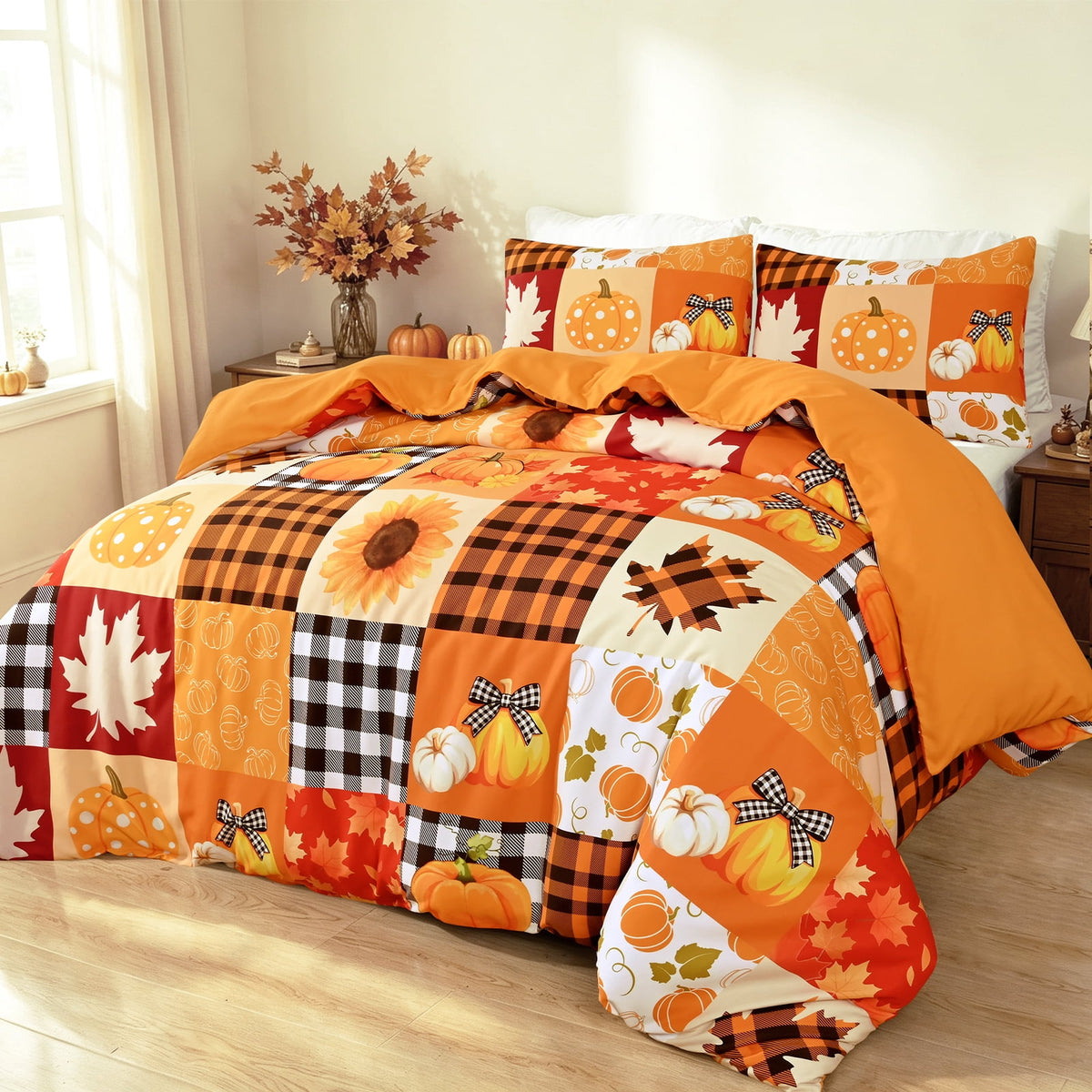 Bleum Cade 3 Piece Fall Duvet Cover Set King Size,Thanksgiving Pumpkin Maple Leaves Patchwork Lightweight Comforter Cover Set,Soft Cozy Bedding Cover for Home Decor(90"x 104")