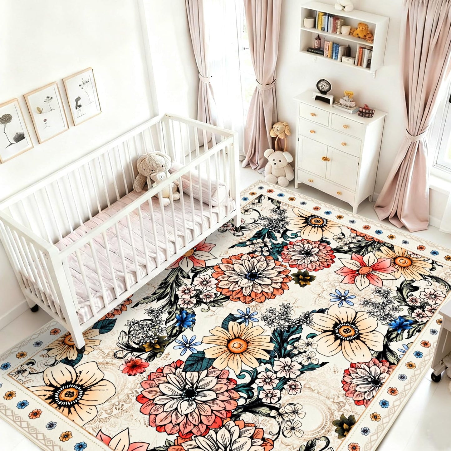 Bleum Cade Floral Area Rugs for Living Room 5x7, Boho Washable Rug, Soft Faux Wool Indoor Rug Carpet for Bedroom, Dining Room,White