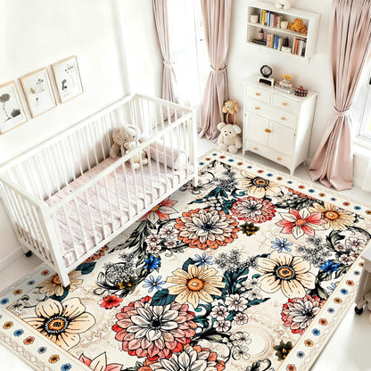 Bleum Cade Floral Area Rugs for Living Room 5x7, Boho Washable Rug, Soft Faux Wool Indoor Rug Carpet for Bedroom, Dining Room,White
