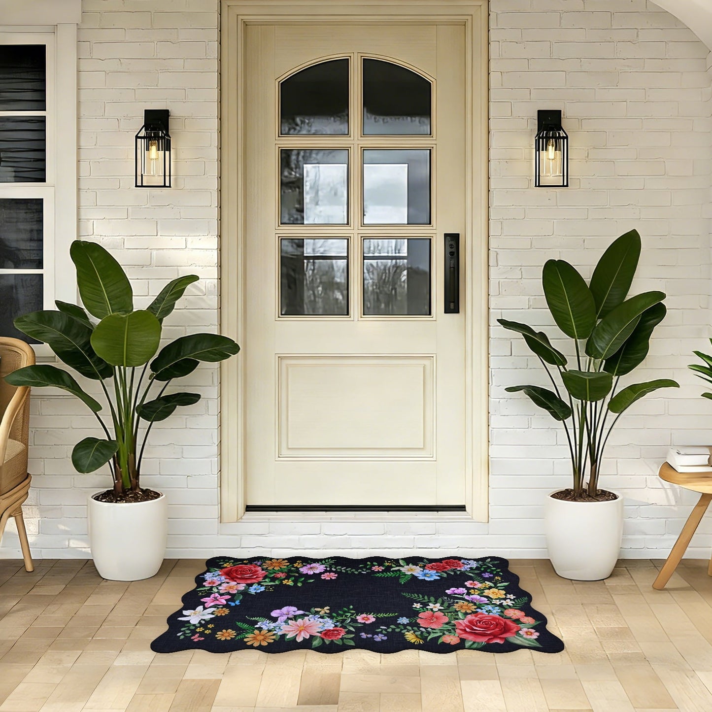BLEUM CADE Spring Door Mat Low Profile Welcome Mat,Non Slip Rubber Backing Outside Door Mats Black Floral for Front Door,Patio,Entryway,18" x 30"