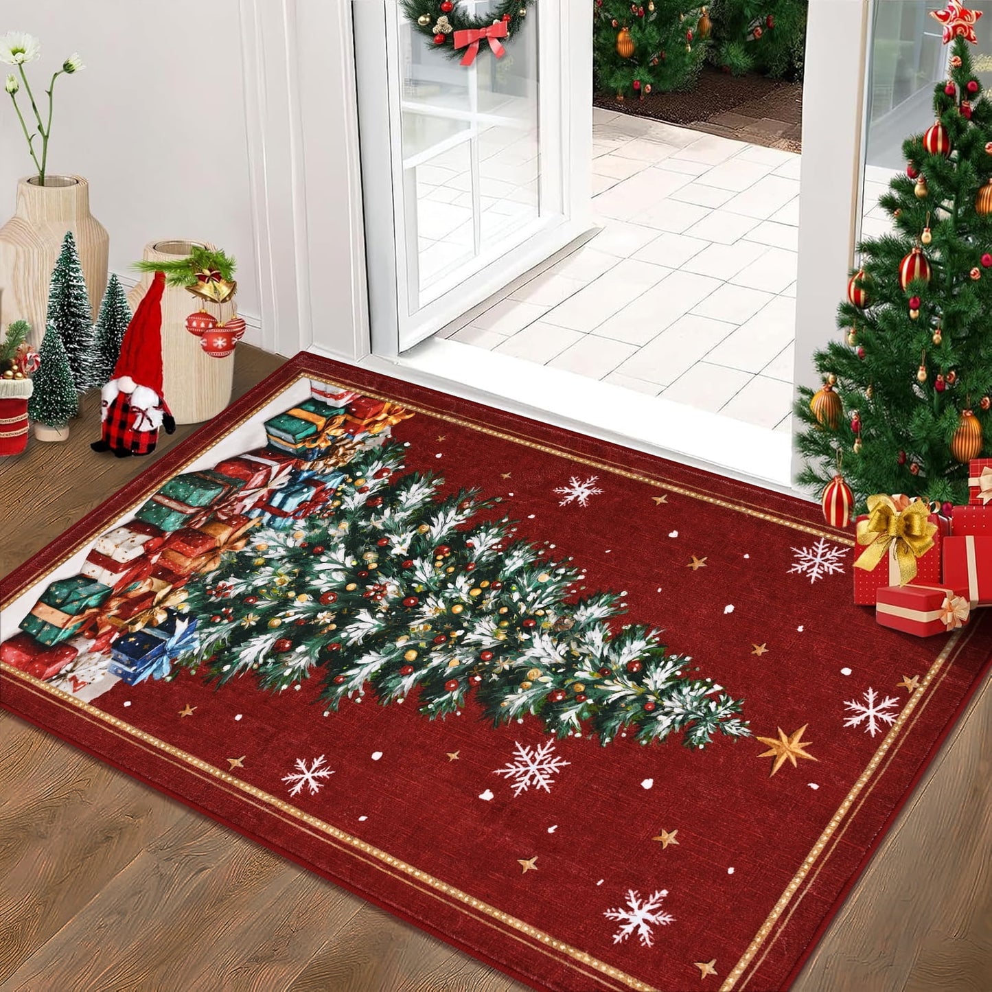 BLEUM CADE Christmas Tree Area Rugs 2x3 Door Mat, Non Slip Washable Entryway Rug Outdoor Indoor Welcome Mat for Entrance,Red