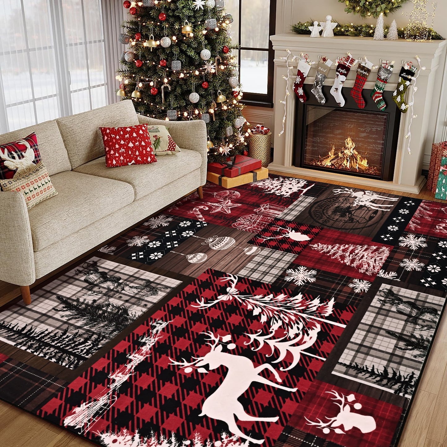 Bleum Cade Christmas Rugs for Living Room 5x7 Area Rug, Christmas Tree Washable Rug for Bedroom, Non Slip Durable Soft Buffalo Plaid Throw Rugs Xmas Carpet for Dining Room