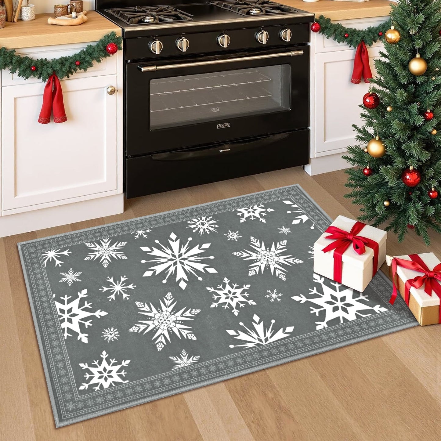 Bleum Cade Christmas Snowflake Area Rugs 2x3 Door Mat, Non Slip Washable Entryway Rug Outdoor Indoor Xmas Santa Welcome Mat for Entrance,Gray