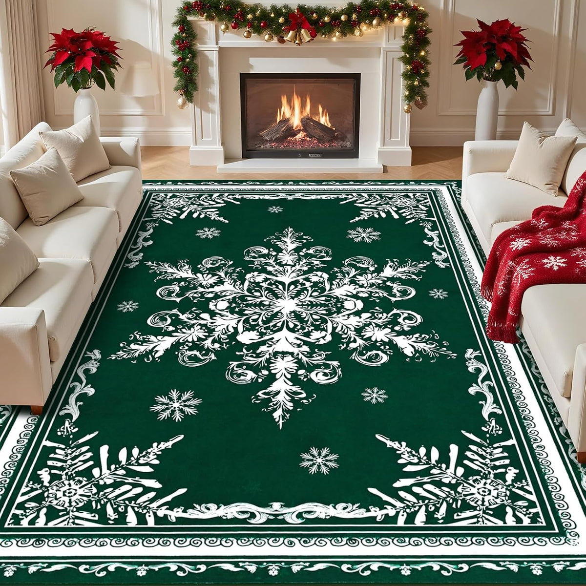 BLEUM CADE Christmas Snowflake Area Rugs 8'x10' for Living Room, Washable Rugs for Bedroom Dinning Room,Ultra Soft Non Slip Durable Large Carpet Christmas Decorations,Green