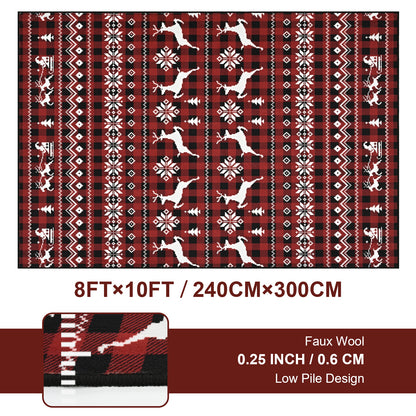 BLEUM CADE Christmas Area Rugs 8x10, Buffalo Plaid Rugs for Living Room, Red Reindeer Washable Rug Low Pile, Snowflake Bedroom Rug Non Slip, Soft Faux Wool Throw Carpet for Christmas Decorations