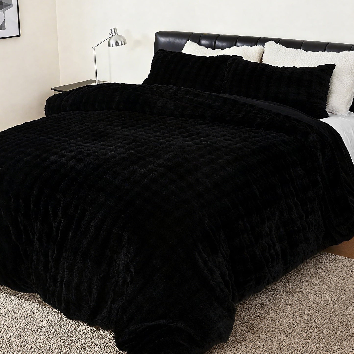 BLEUM CADE Fluffy Duvet Cover Set Twin Size,3 Pieces Soft Shaggy Rabbit Fluff Plush Bedding Comforter Cover Set with 2 Pillowcases,Black