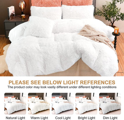 BLEUM CADE Luxury Fluffy Fuzzy Twin Bedding Comforter Set,3 Pieces Shaggy Duvet Cover Set,Furry Plush Velvet Comforter Cover with Zip Closure,White
