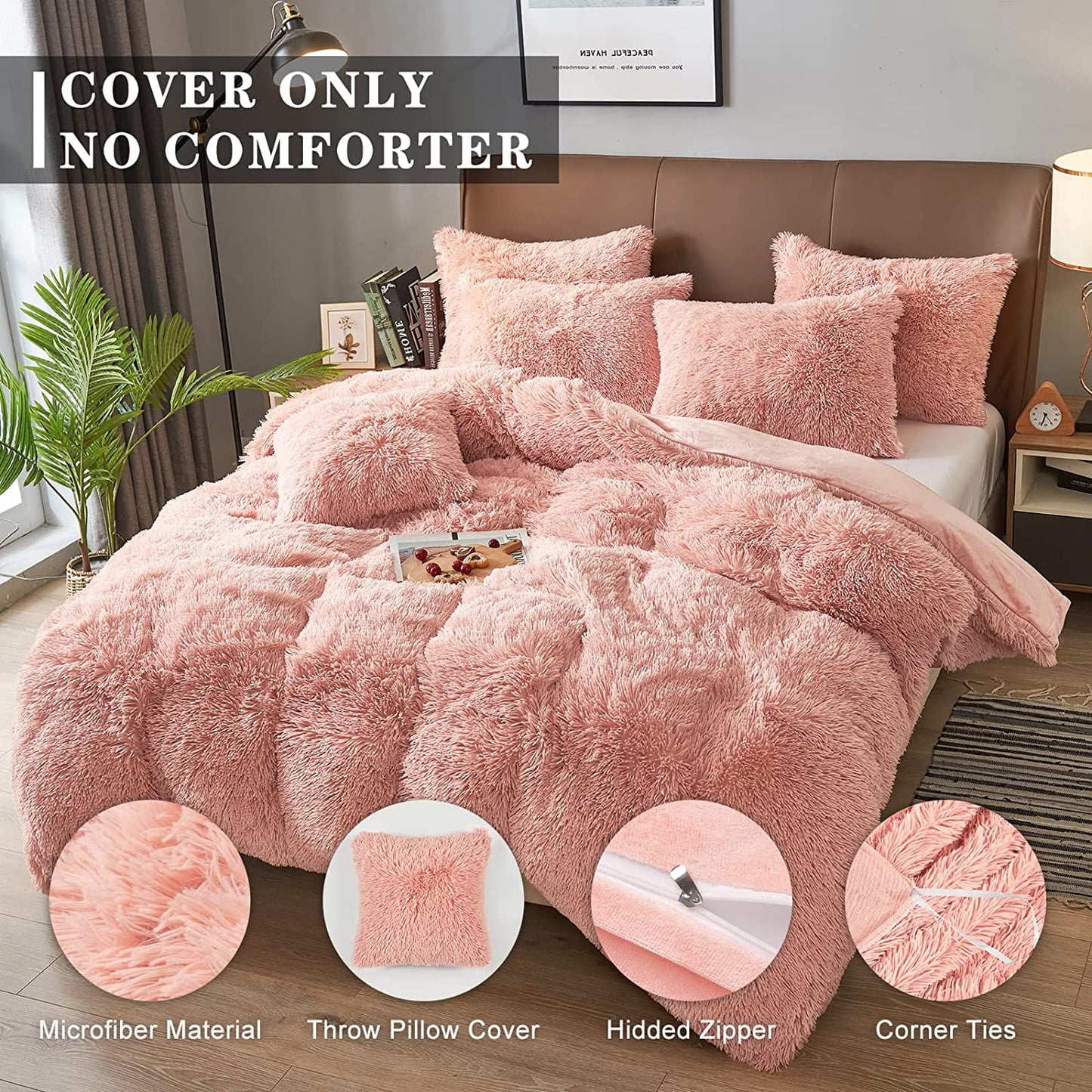 BLEUM CADE Luxury Fluffy Fuzzy Twin Bedding Comforter Set,3 Pieces Shaggy Duvet Cover Set,Furry Plush Velvet Comforter Cover with Zip Closure,Twin,Pink
