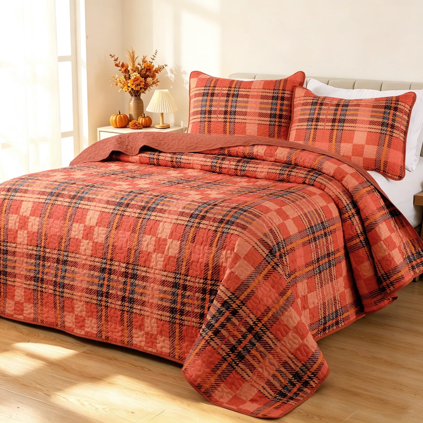 Bleum Cade Fall Quilt Set King Size 3 Pieces,Thanksgiving Orange Buffalo Plaid Lightweight Bedding Set,Soft Cozy Bedspread Coverlet Set King(90"x 104")