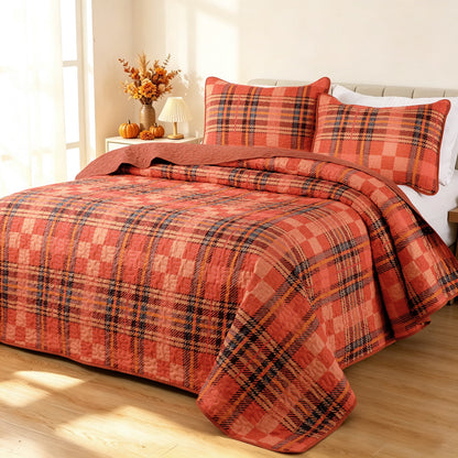Bleum Cade Fall Quilt Set King Size 3 Pieces,Thanksgiving Orange Buffalo Plaid Lightweight Bedding Set,Soft Cozy Bedspread Coverlet Set King(90"x 104")