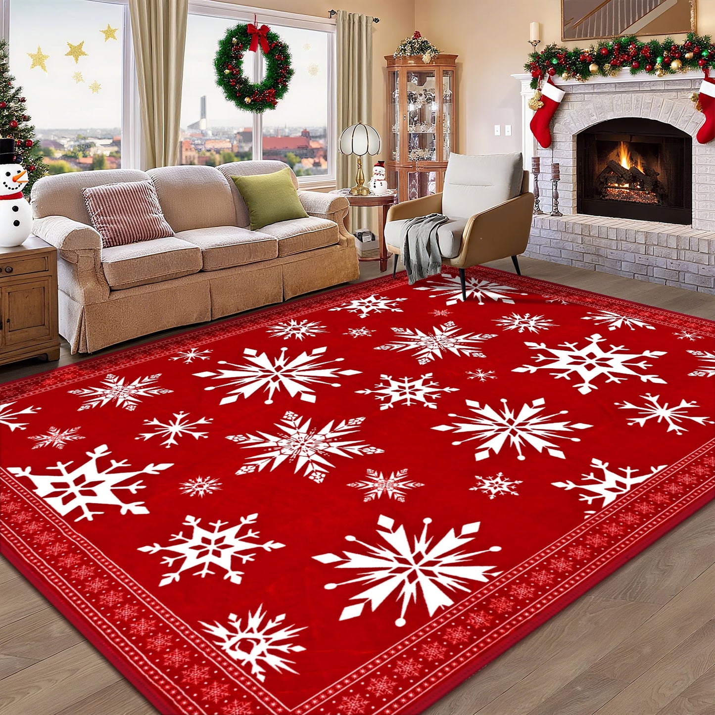 Bleum Cade Christmas Rug for Living Room 8x10 Area Rugs, Snowflake Washable Rugs for Bedroom Dinning Room,Red Soft Low Pile Rug,Non Slip Durable Large Carpet for Christmas Decorations
