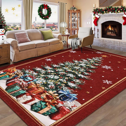 BLEUM CADE Christmas Tree 5'x7' Area Rugs for Living Room, Washable Rugs for Bedroom Dinning Room,Winter Red Rug Ultra Soft Non Slip Durable Large Carpet Christmas Decorations