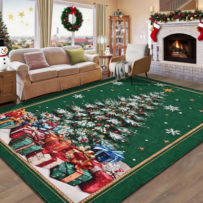 BLEUM CADE Christmas Tree Rug 3x5 Washable Rugs Non Slip,Xmas Green Area Rug for Living Room, Soft Faux Wool Large Entryway Rugs for Christmas Decorations
