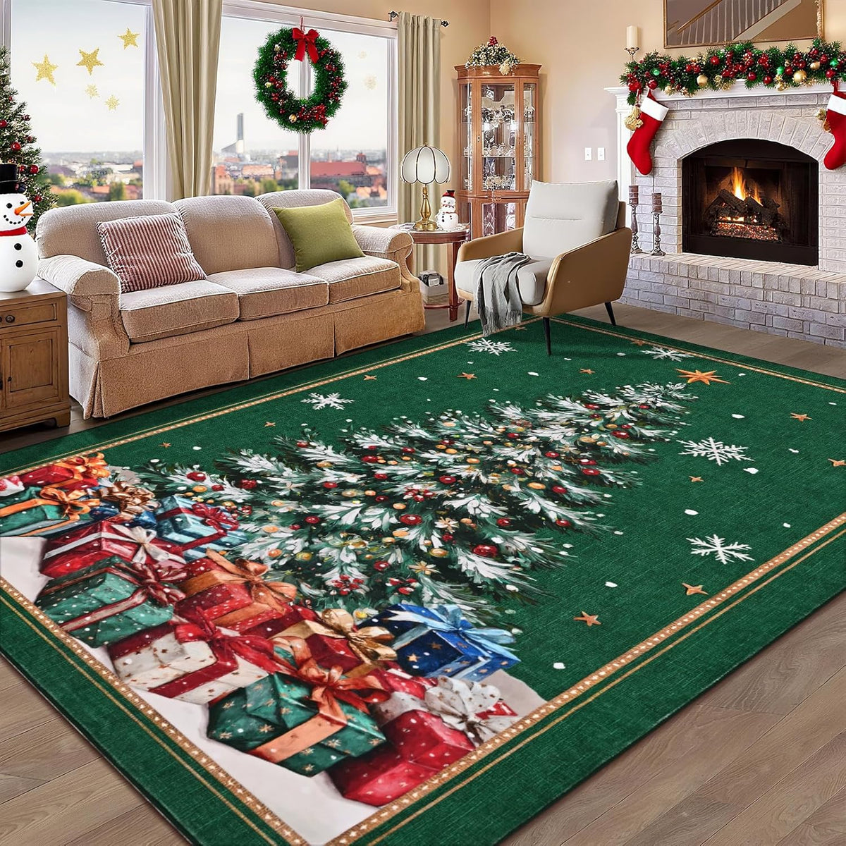BLEUM CADE 8'x10' Christmas Tree Area Rugs for Living Room, Winter Green Washable Rugs for Bedroom Dinning Room, Ultra Soft Non Slip Durable Large Carpet Christmas Decorations