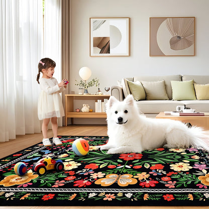 Bleum Cade Area Rugs for Doormat 2X3,Spring Boho Floral Rug, Machine Washable Non Slip Welcome Mat, Low Pile Carpet for Entryway, Kitchen, Front Door Indoor Entrance,Black