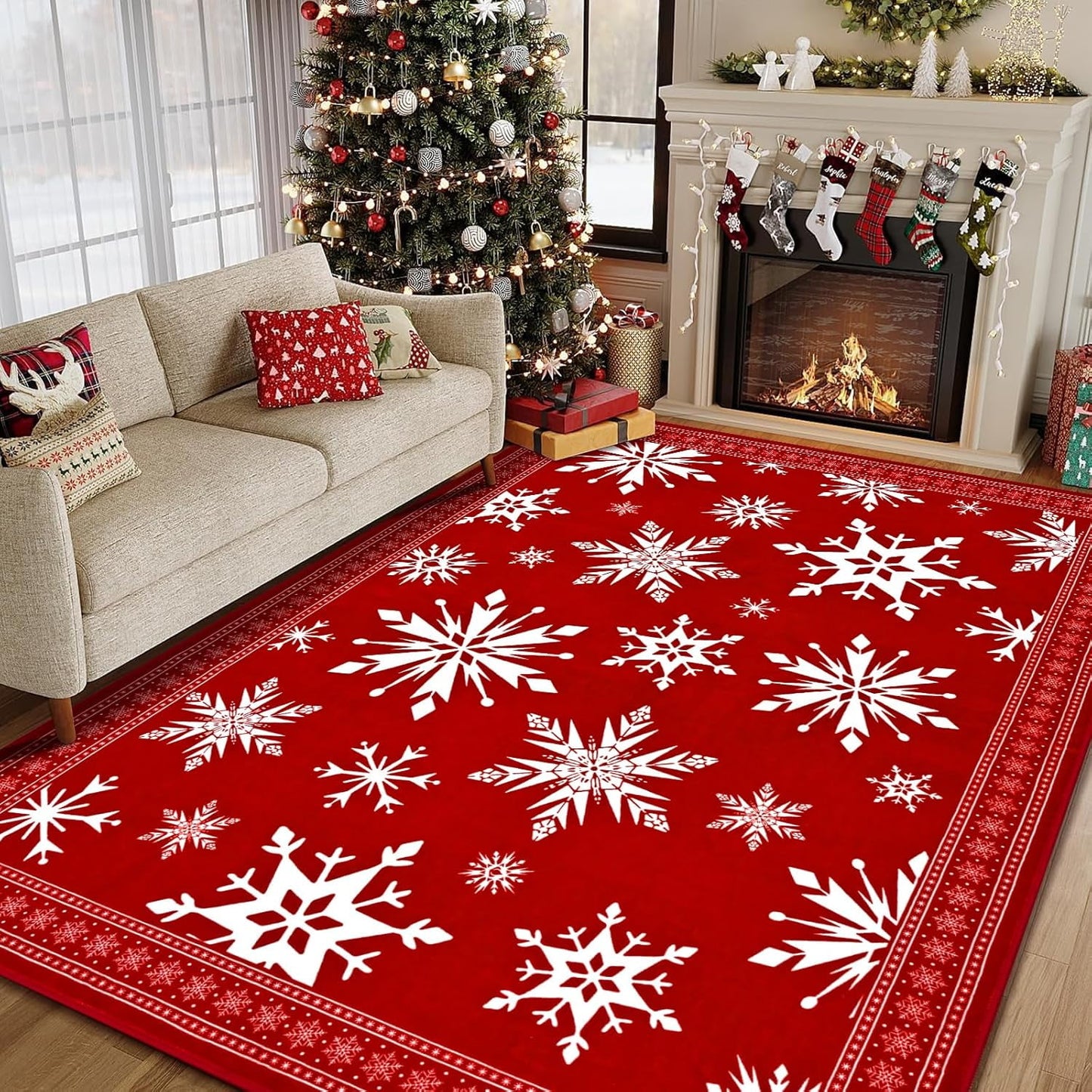 Bleum Cade Christmas Area Rug 3x5 for Living Room, Snowflake Red Washable Rugs Low Pile Non Slip Rug,Winter Soft Faux Wool Throw Carpet for Entryway, Doorway