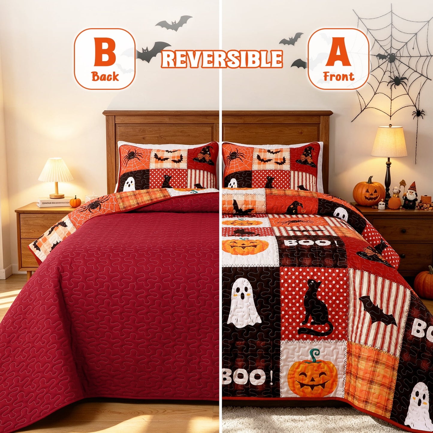 Bleum Cade Halloween 3 Pieces Quilt Set,Ghost Pumpkin & Black Cat Patchwork Bedding Set,Soft Lightweight Bedspread Coverlet Set Queen Size(Black & Red,90"x 90")