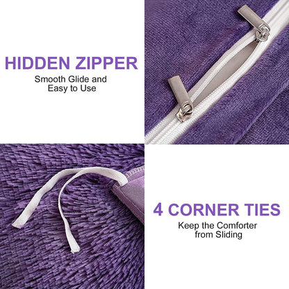 BLEUM CADE Luxury Fluffy Fuzzy Twin Bedding Comforter Set,3 Pieces Shaggy Duvet Cover Set,Furry Plush Velvet Comforter Cover with Zip Closure,Purple