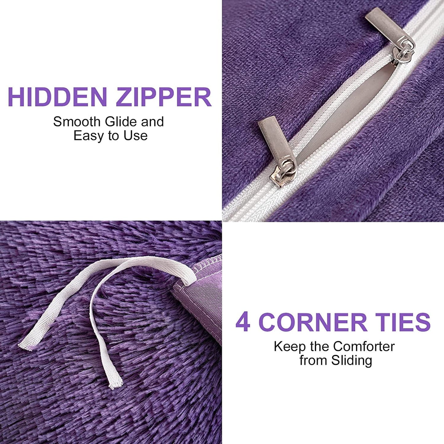 BLEUM CADE Luxury Fluffy Fuzzy King Bedding Comforter Set,3 Pieces Shaggy Duvet Cover Set,Furry Plush Velvet Comforter Cover with Zip Closure,Purple
