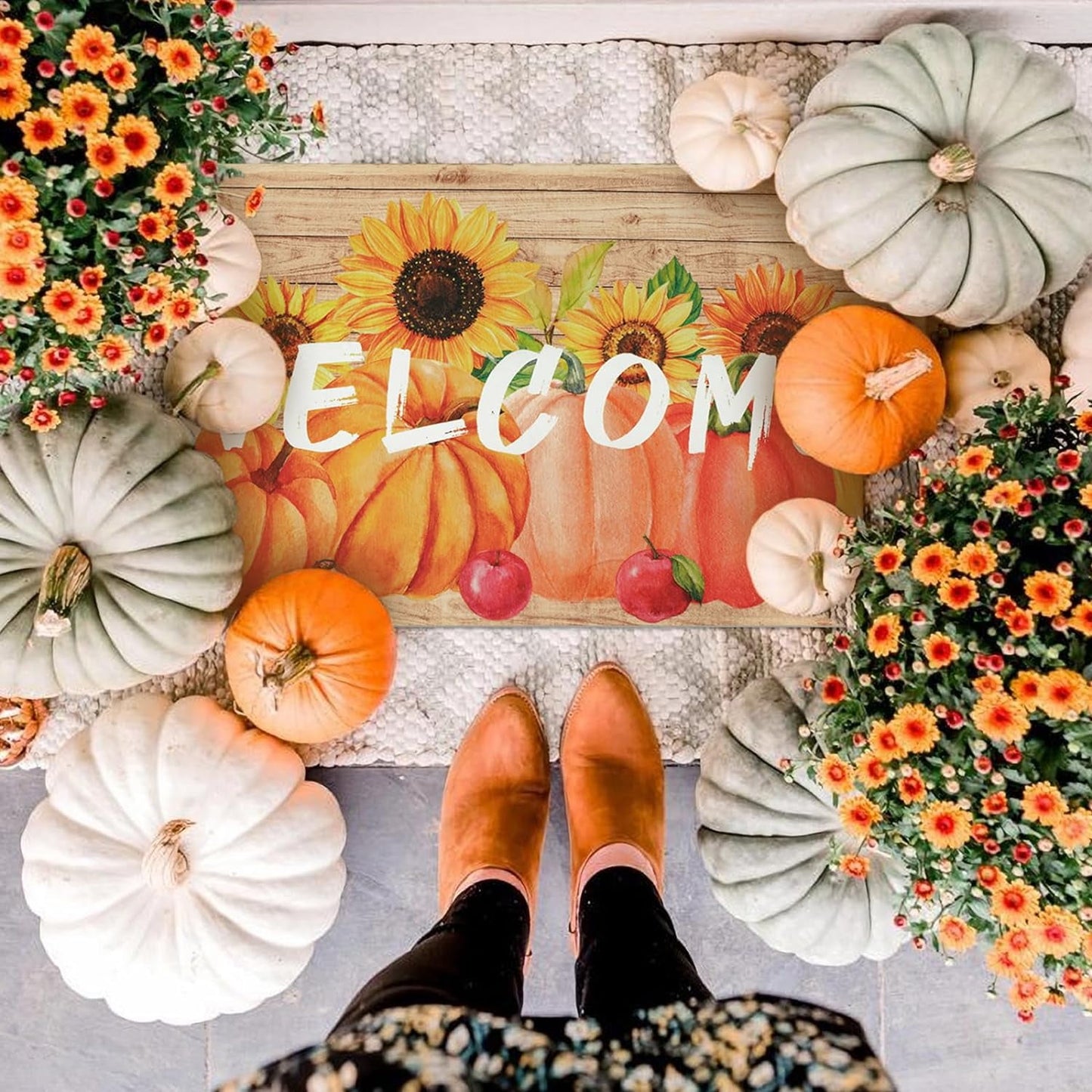 BLEUM CADE Fall Doormat Outdoor Welcome Mat for Entrance,Sunflower Pumpkin Door Mat Outside Entry Rug,18 x 30 inches