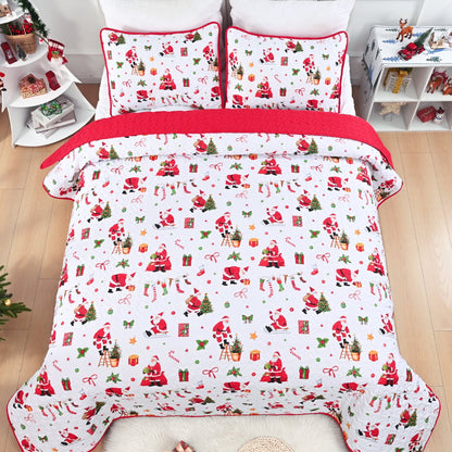 BLEUM CADE 3 Piece Christmas Quilt King Size, Christmas Tree and Santa Claus Quilts Bedding Set, Christmas Decor Soft Lightweight Bedspread Coverlet Set(1 Quilt, 2 Pillow Cases)