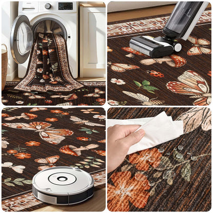 Bleum Cade 8'x10' Large Area Rugs for Living Room,Washable Rugs Butterfly Mushroom Rugs for Bedroom,Super Soft Low-Pile Non Slip Foldable Carpet for Office Nursery Dining Room,Brown