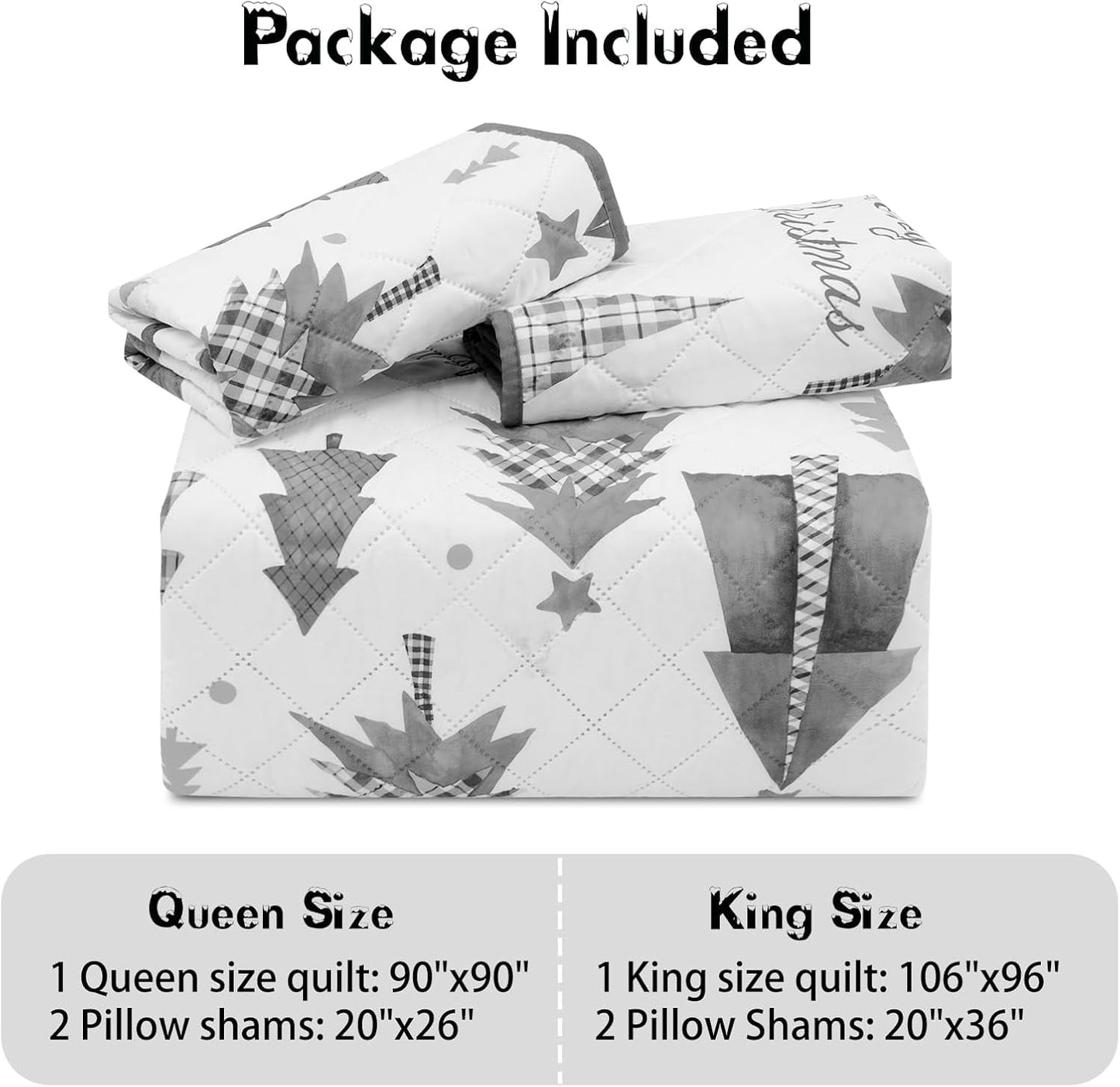 BLEUM CADE Christmas Quilt Sets Queen Size, 3 Pieces Christmas Tree Quilt Bedspread Sets,Lightweight Merry Christmas Bedding Set Soft Xmas Quilts Coverlet,Grey
