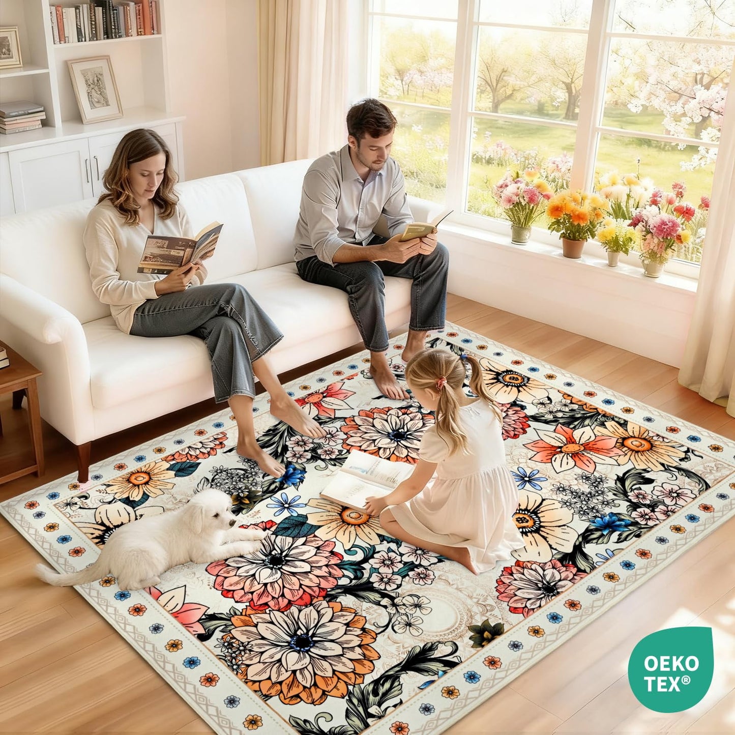 Bleum Cade Floral Area Rugs for Living Room 5x7, Boho Washable Rug, Soft Faux Wool Indoor Rug Carpet for Bedroom, Dining Room,White
