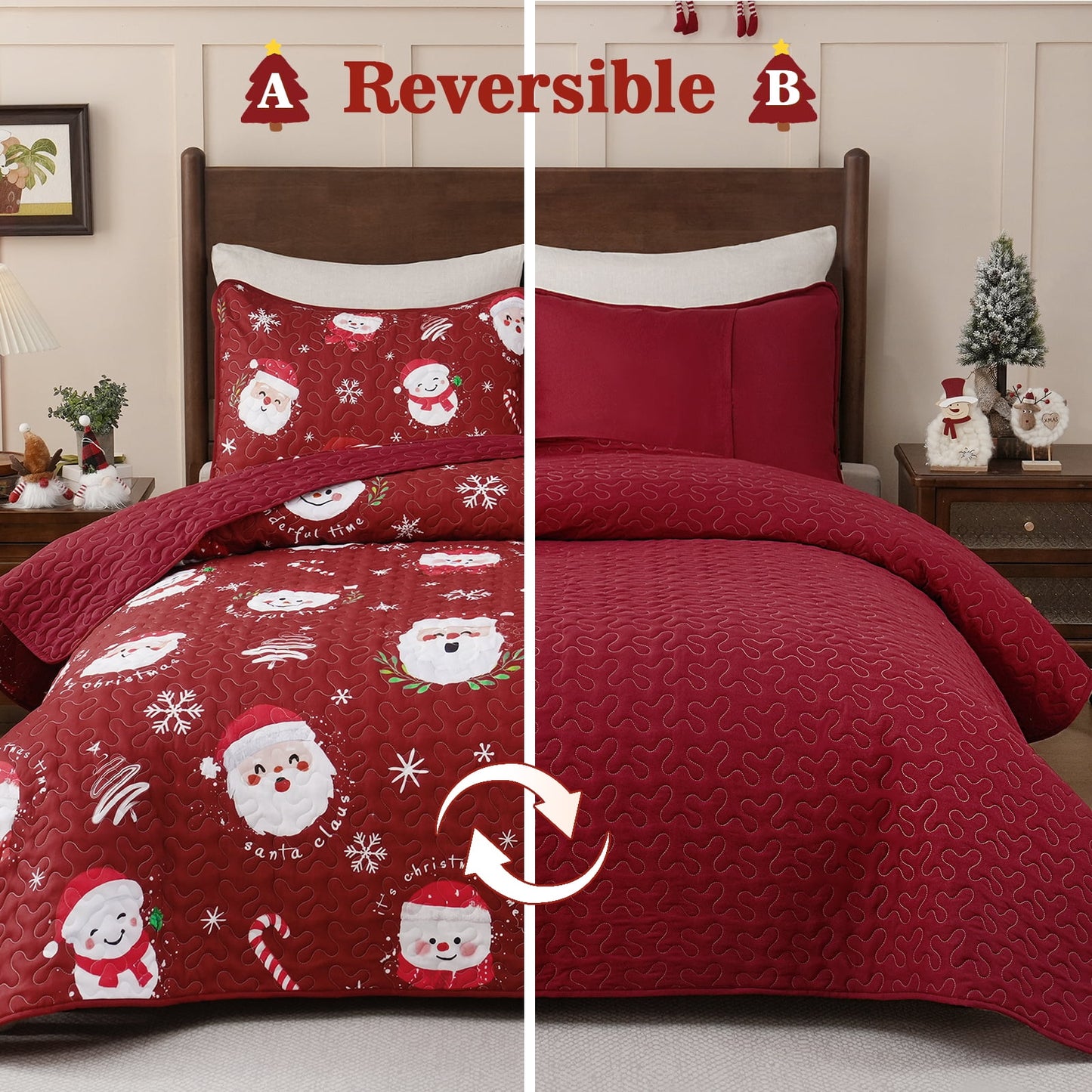BLEUM CADE Christmas Quilts King Size 3 Piece, Santa Claus & Snowflake Quilt Bedding Set, Christmas Decor Soft Lightweight Bedspread Coverlet Set (1 Quilt, 2 Pillow Cases)