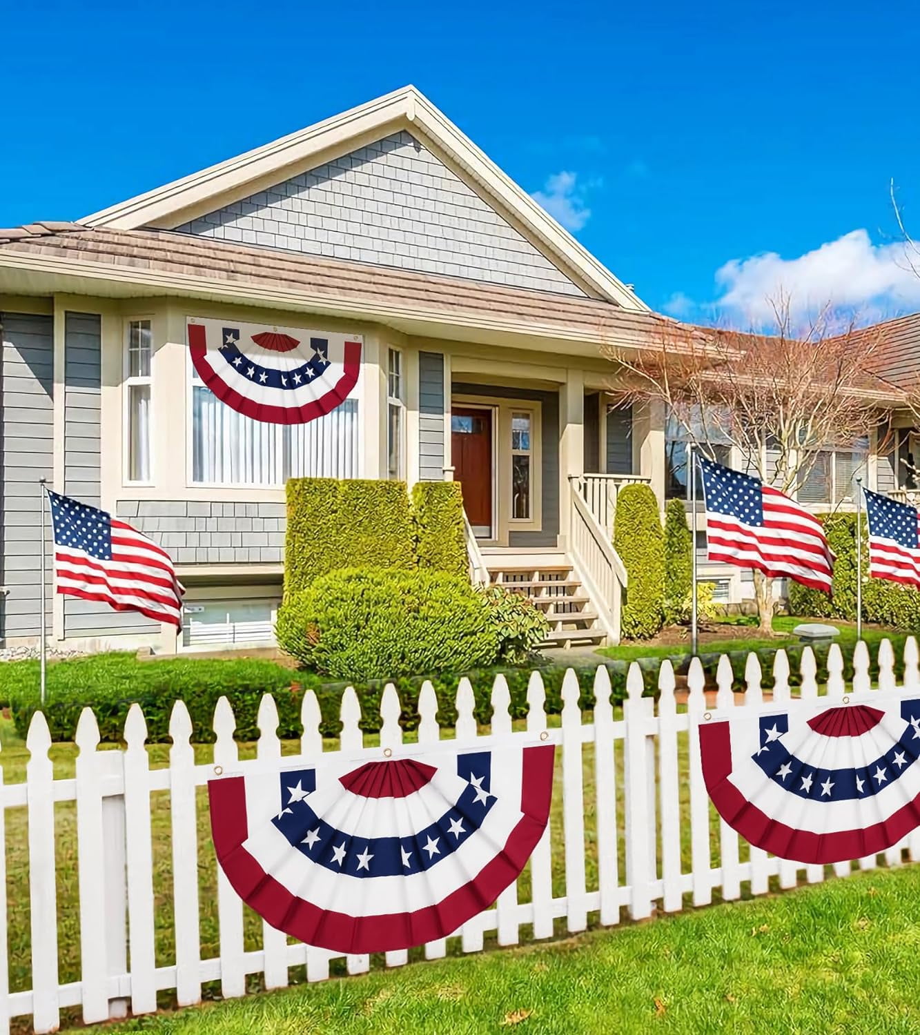 1.5 x 3 Ft American Flag Bunting Flags Outdoor, 4 Pack Patriotic Bunting Outdoor Red White and Blue Bunting, USA Pleated Fan Flag Half Fan Banner for Outside Home 4th of July Decorations