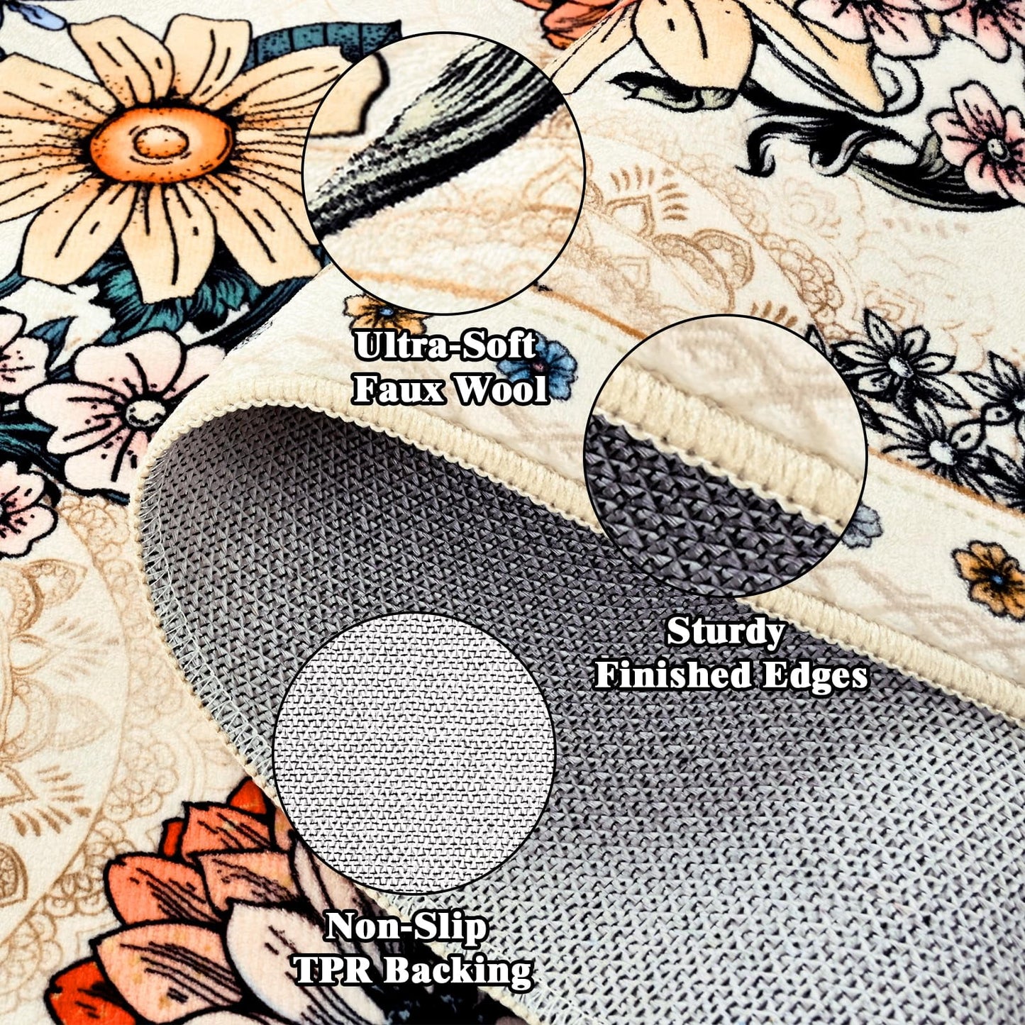 Bleum Cade Door Mat Indoor Entrance 2x3,Boho Floral Area Rug, Washable Rug for Entryway, Soft Faux Wool Non Slip Entryway Rugs Low Pile Throw Rugs for Kitchen, Laundry, Entry, Kids Room,White