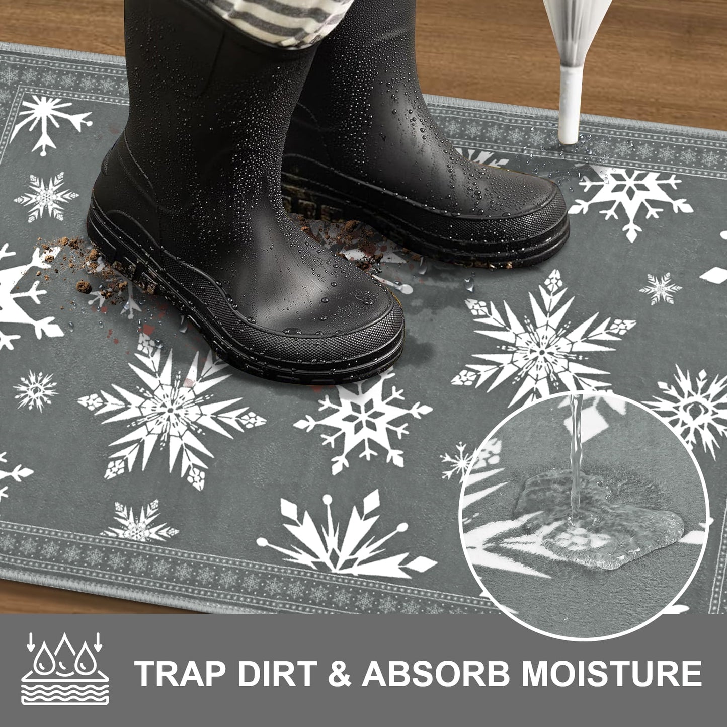 Bleum Cade Christmas Snowflake Area Rugs 2x3 Door Mat, Non Slip Washable Entryway Rug Outdoor Indoor Xmas Santa Welcome Mat for Entrance,Gray