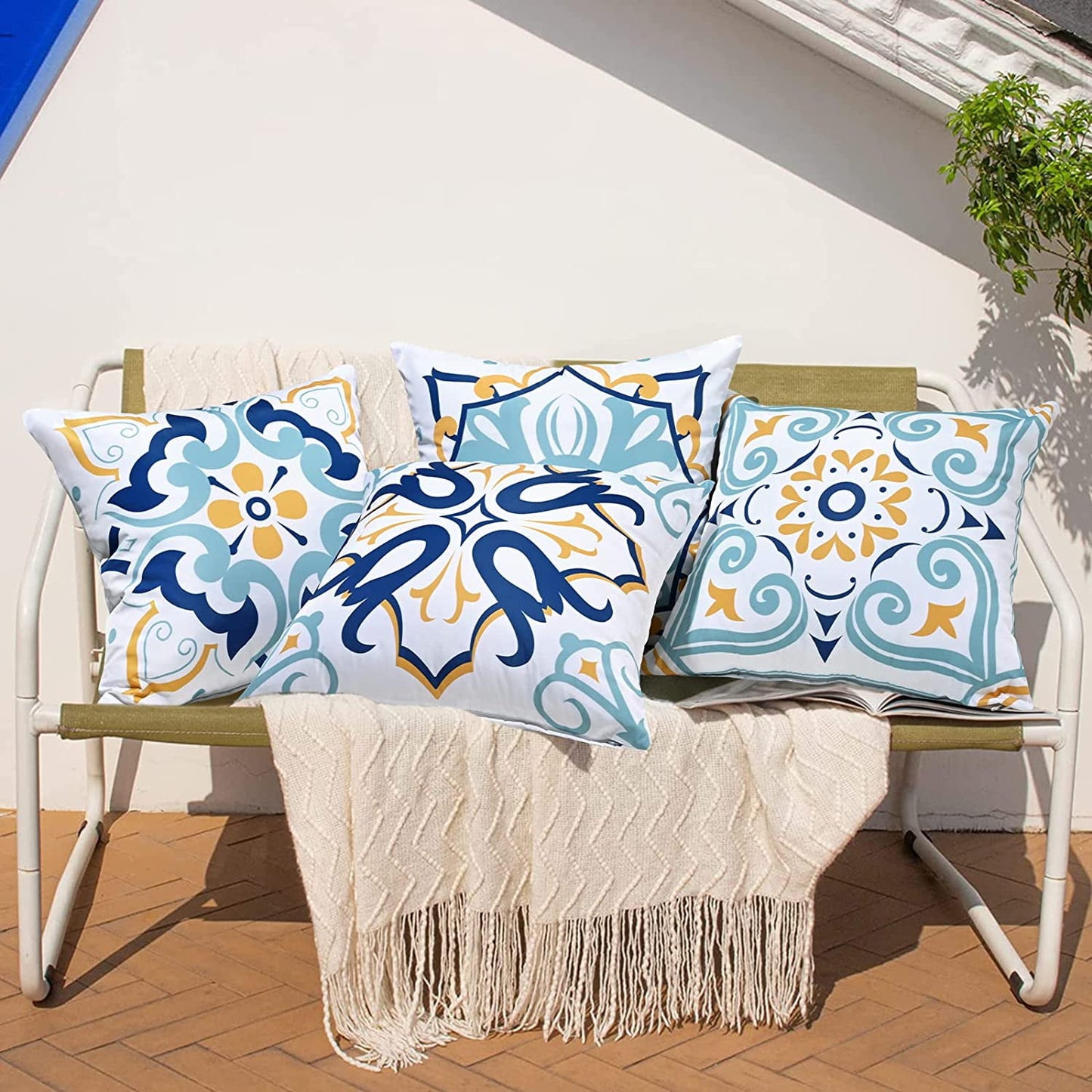 BLEUM CADE Set of 4 Floral Throw Pillow Covers, Outdoor Decorative Pillow Covers, Waterproof Cushion Cover for Couch Bed,18"x18"
