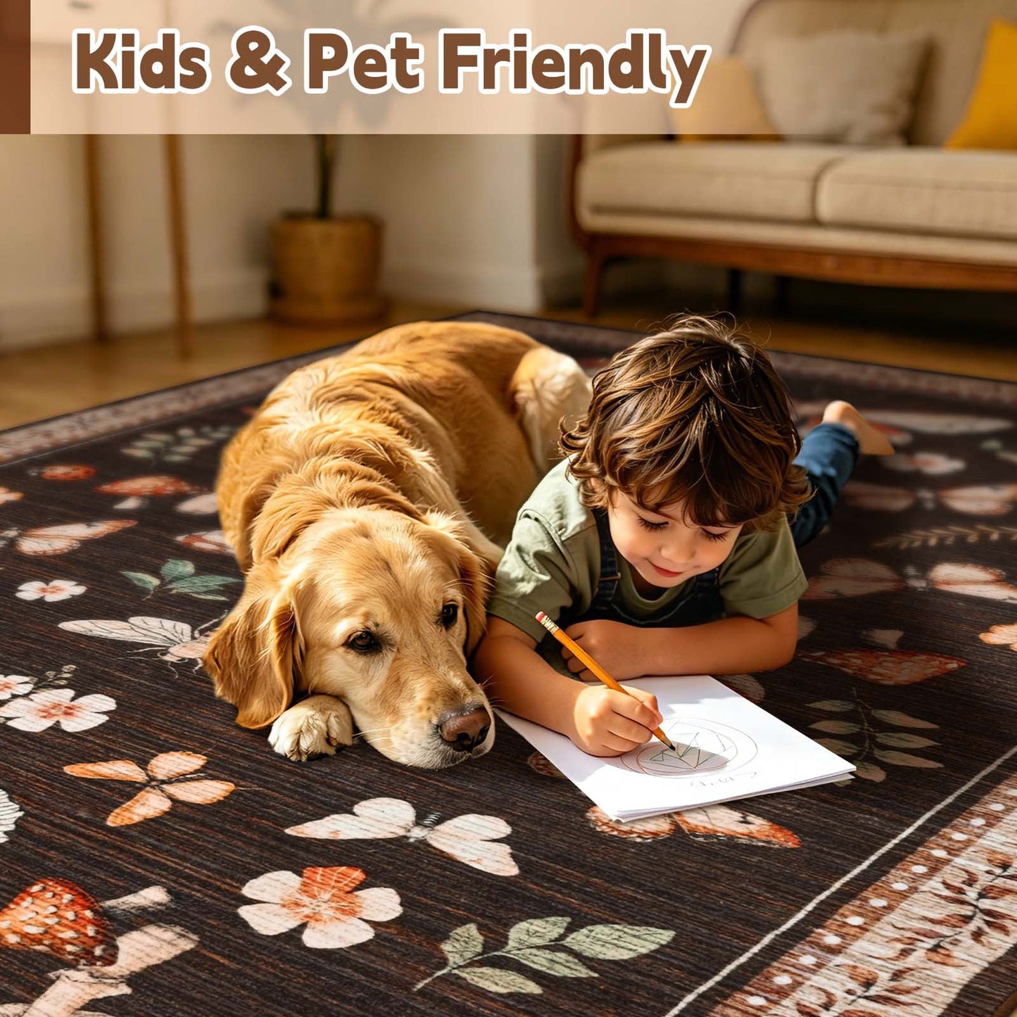 Bleum Cade 5'x7'Area Rugs for Living Room, Butterfly Mushroom Washable Rug for Bedroom,Ultra Soft Carpet Non Slip Low Pile Stain Resistant for Dining Room Home Decor,Brown