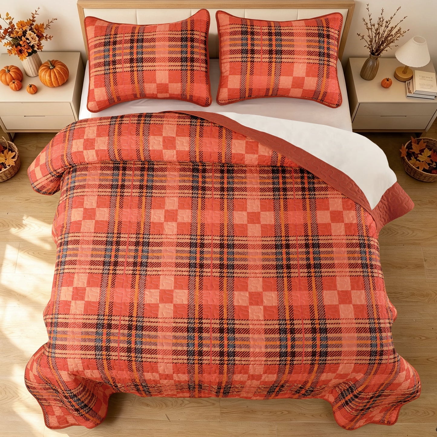 Bleum Cade Fall Quilt Set Queen Size 3 Pieces,Thanksgiving Orange Buffalo Plaid Lightweight Bedding Set,Soft Cozy Bedspread Coverlet Set Queen(90"x 90")