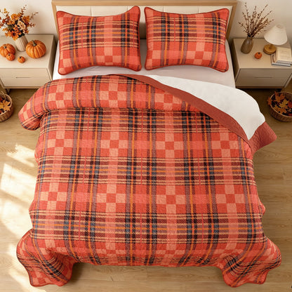 Bleum Cade Fall Quilt Set Queen Size 3 Pieces,Thanksgiving Orange Buffalo Plaid Lightweight Bedding Set,Soft Cozy Bedspread Coverlet Set Queen(90"x 90")