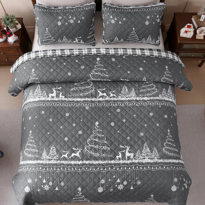 BLEUM CADE Christmas Quilt Set King Size, 3 Pieces Christmas Trees Reversible Quilt Bedding Set,Snowflakes Soft Lightweight Bedspread Coverlet Set (1 Quilt, 2 Pillow Shams)