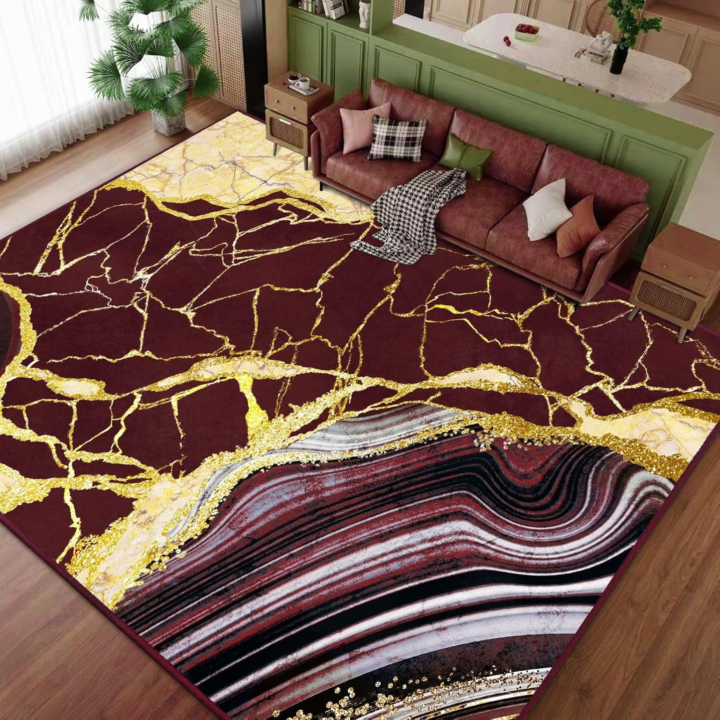 Bleum Cade 8'x10' Area Rugs for Living Room, Washable Rugs Modern Rugs for Bedroom Dinning Room,Marble Abstract Rug Ultra Soft Non Slip Durable Large Carpet Home Decor, Red Gold