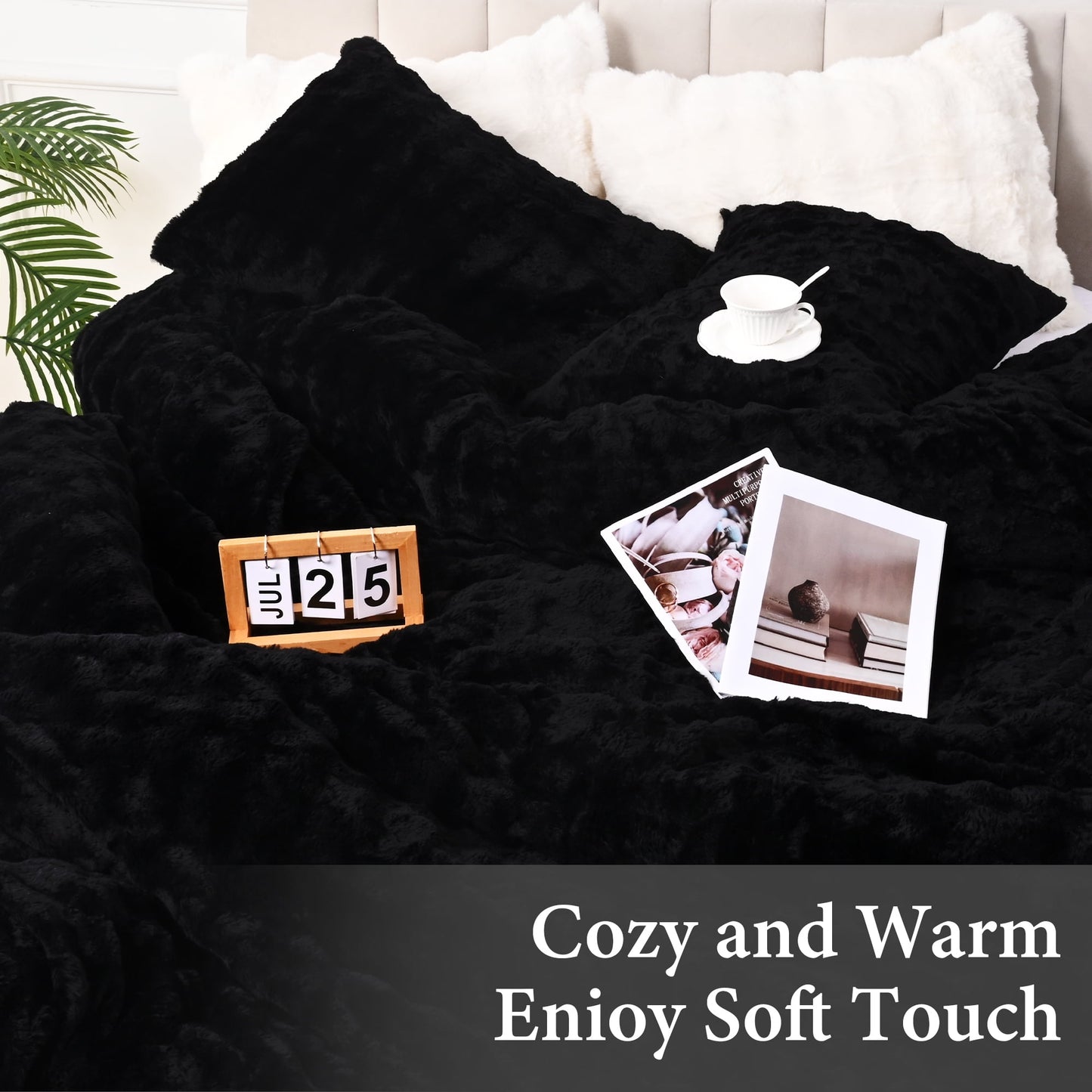 BLEUM CADE Fluffy Duvet Cover Set Twin Size,3 Pieces Soft Shaggy Rabbit Fluff Plush Bedding Comforter Cover Set with 2 Pillowcases,Black