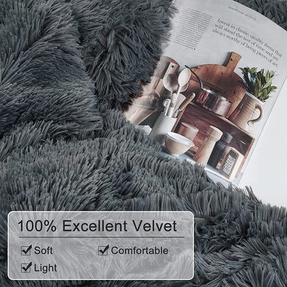 BLEUM CADE Luxury Fluffy Fuzzy Queen Bedding Comforter Set,4 Pieces Shaggy Duvet Cover Set,Furry Plush Velvet Comforter Cover with Zip Closure,Queen,Dark Grey