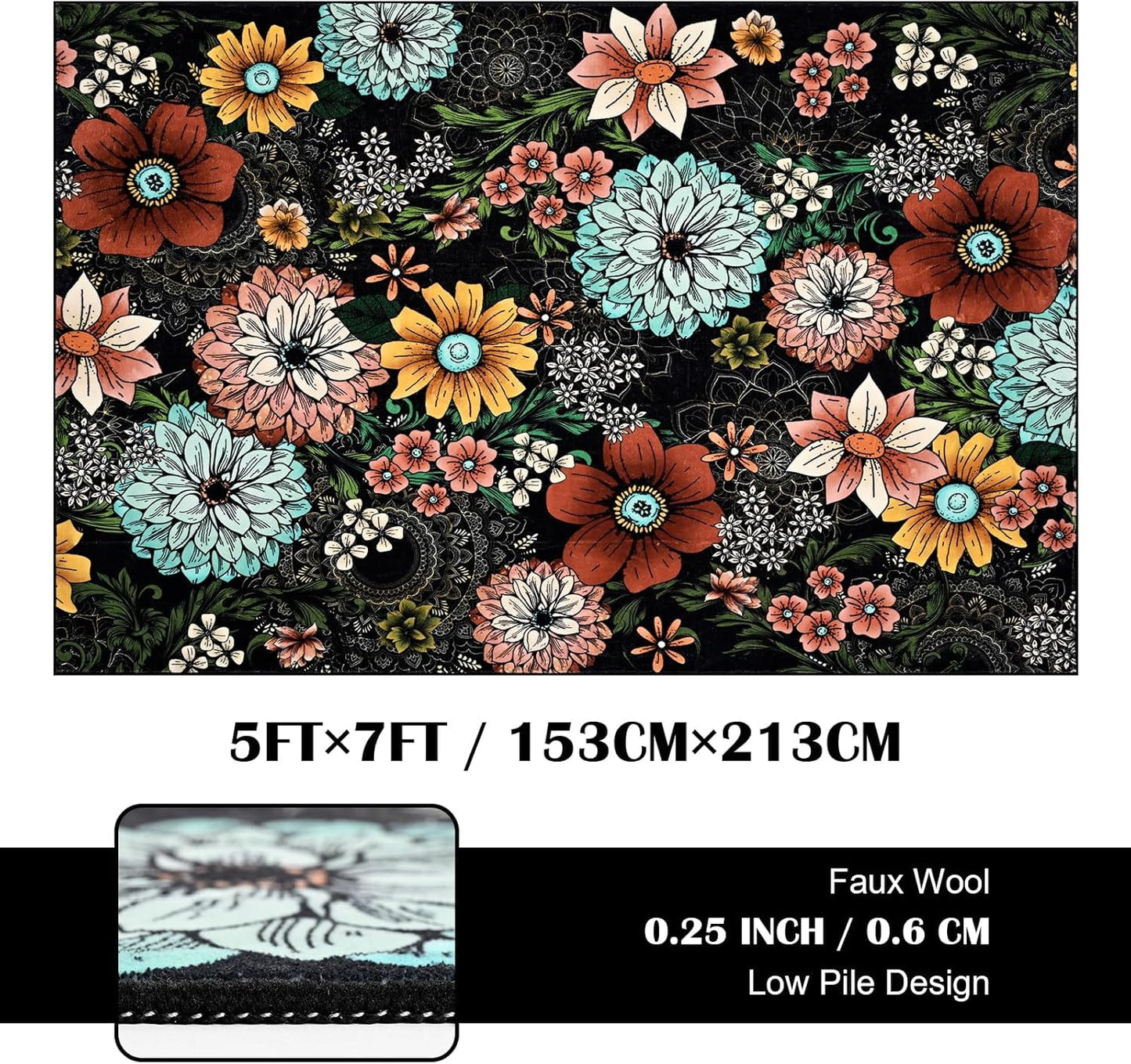BLEUM CADE Boho Floral Area Rug 5x7 Washable Soft Faux Wool Rug Carpet for Living Room Bedroom