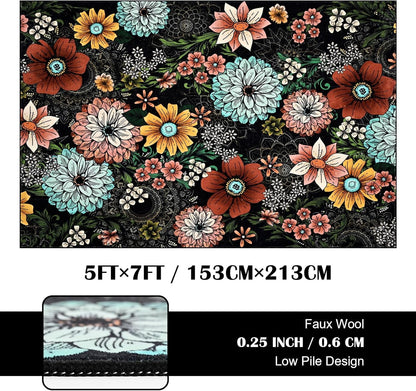 BLEUM CADE Boho Floral Area Rug 5x7 Washable Soft Faux Wool Rug Carpet for Living Room Bedroom