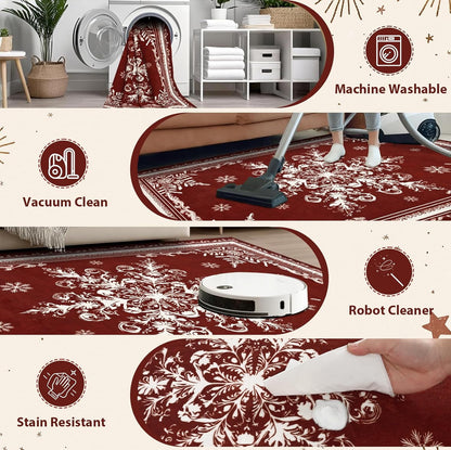 BLEUM CADE Christmas Snowflake Area Rugs 8'x10' for Living Room, Washable Rugs for Bedroom Dinning Room,Ultra Soft Non Slip Durable Large Carpet Christmas Decorations,Red