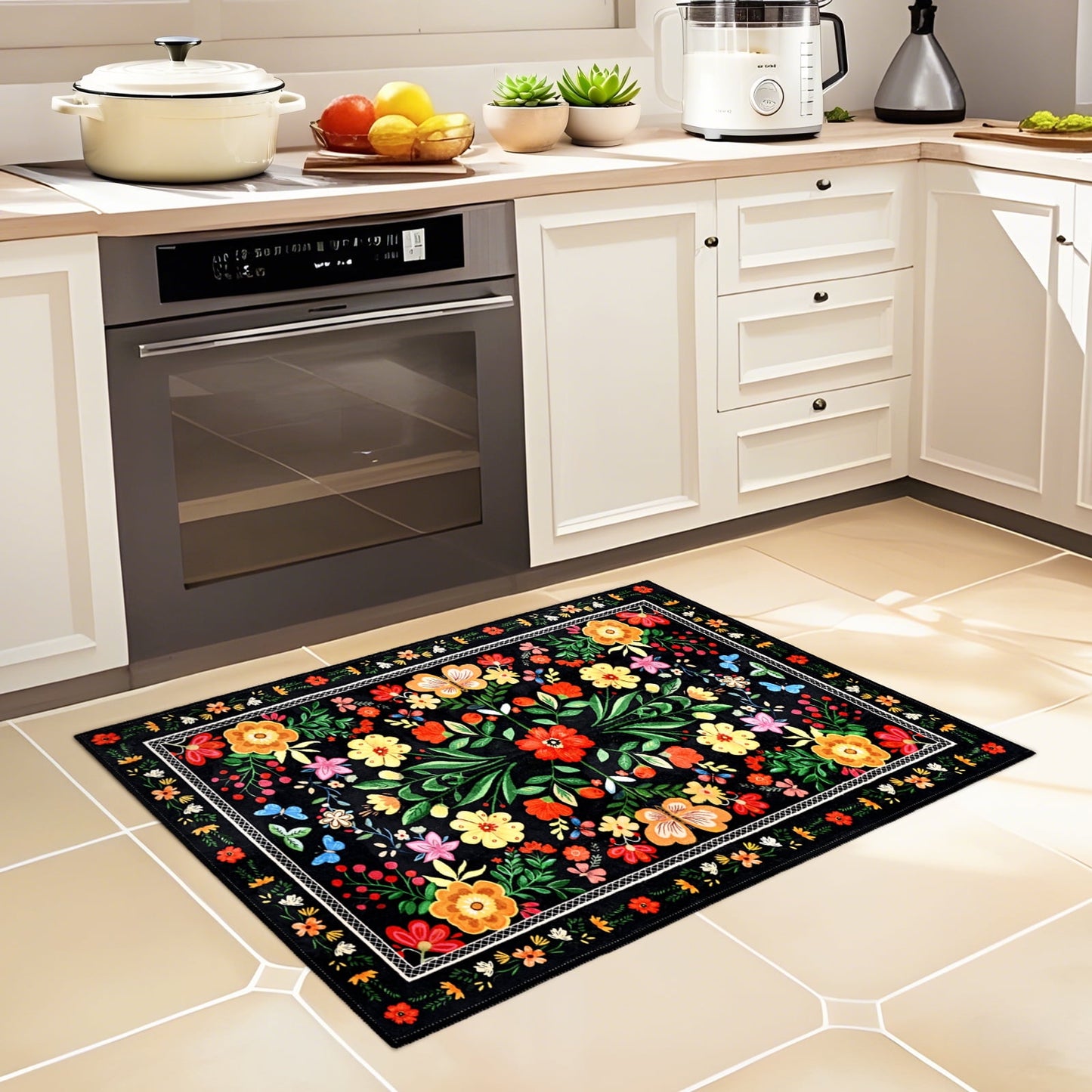 Bleum Cade Area Rugs for Doormat 2X3,Spring Boho Floral Rug, Machine Washable Non Slip Welcome Mat, Low Pile Carpet for Entryway, Kitchen, Front Door Indoor Entrance,Black