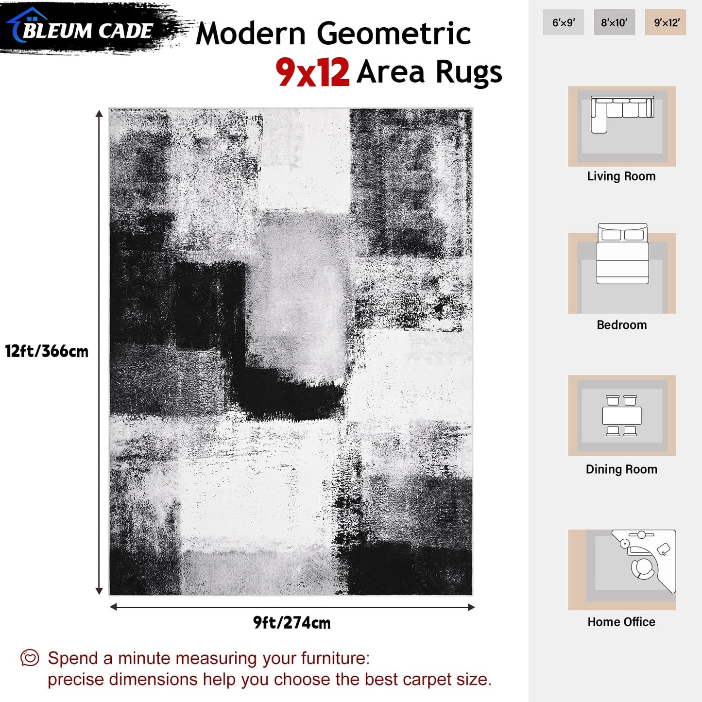 Bleum Cade 9x12 Abstract Area Rugs for Living Room, Patchwork Modern Geometric Rug Non Slip, Washable Soft Bedroom Rug Stain Resistant, Indoor Rugs Low Pile Carpet for Dining Room,Black