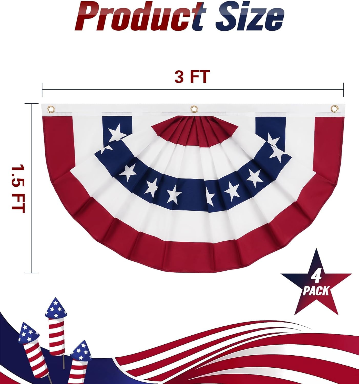 1.5 x 3 Ft American Flag Bunting Flags Outdoor, 4 Pack Patriotic Bunting Outdoor Red White and Blue Bunting, USA Pleated Fan Flag Half Fan Banner for Outside Home 4th of July Decorations