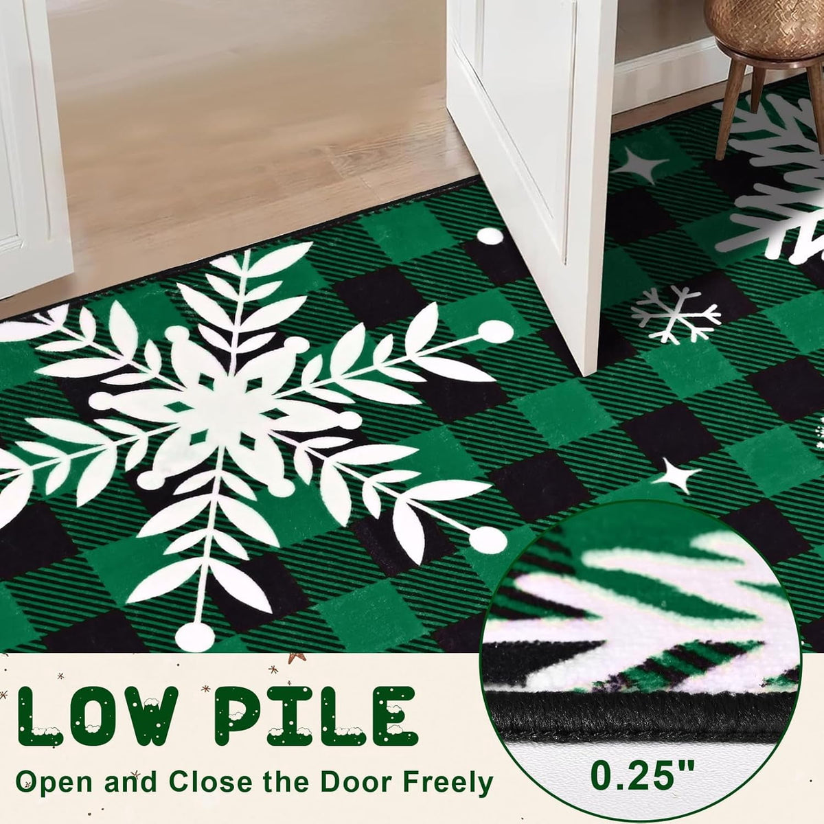 Bleum Cade Christmas Snowflake Area Rugs 2x3 Entryway Rug, Green Buffalo Plaid Non Slip Washable Door Mat,Outdoor Indoor Welcome Mat for Entrance,Christmas Decorations