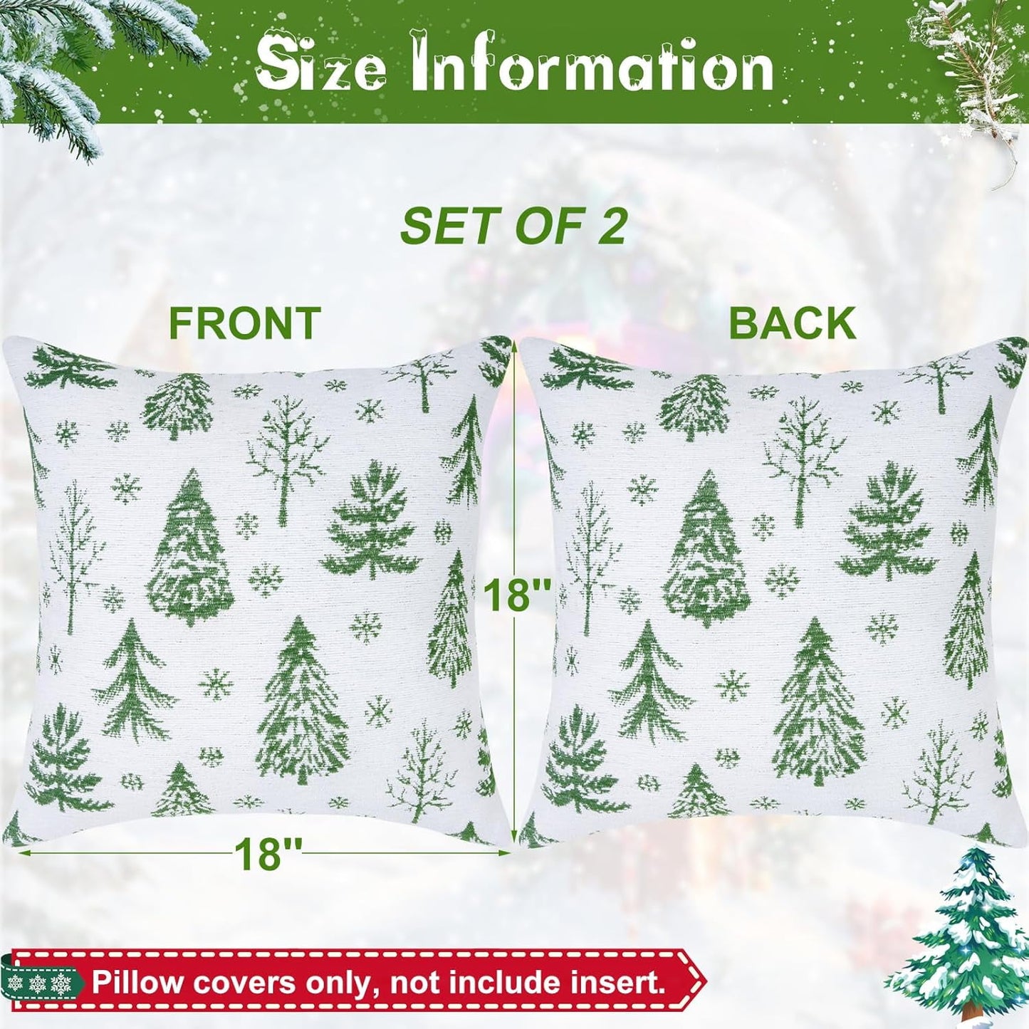 BLEUM CADE 2 Pack Christmas Throw Pillow Covers 18 x 18 inches Chenille Green Xmas Tree Pillowcases for Sofa Couch