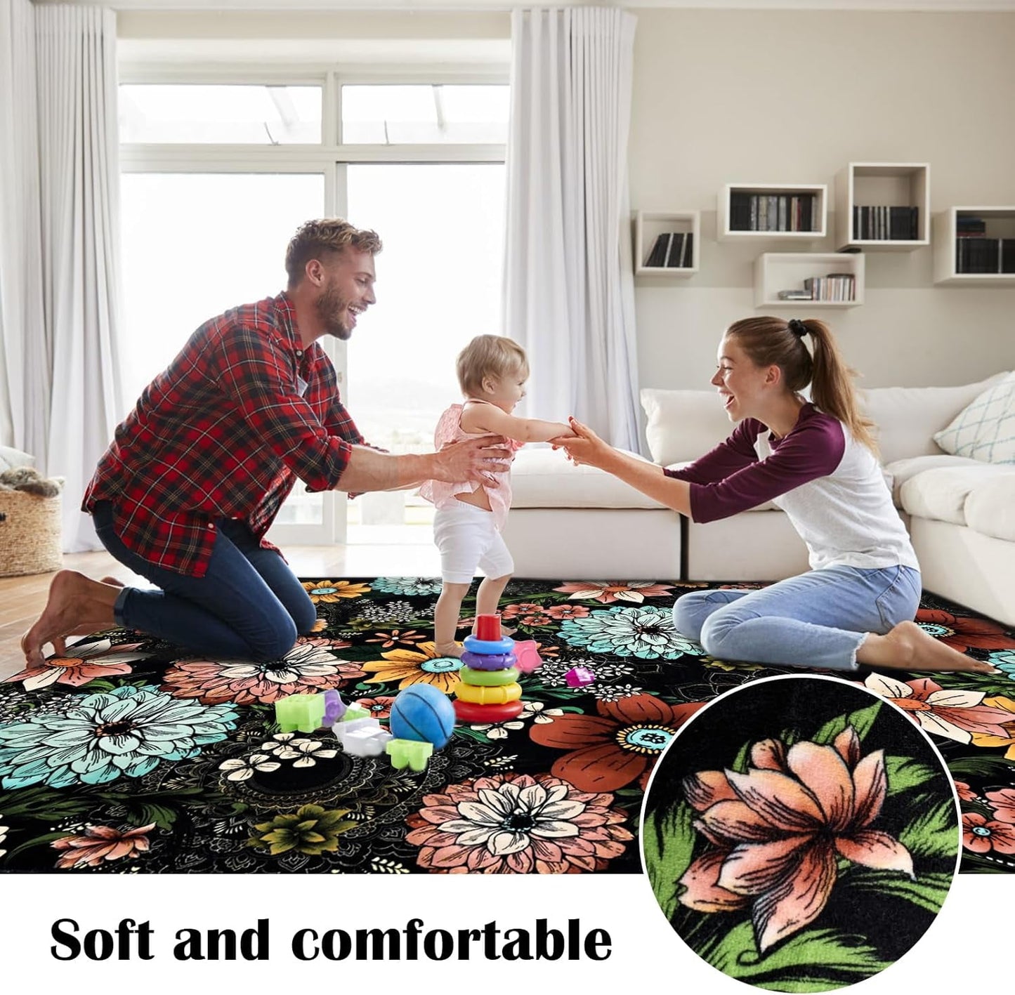 BLEUM CADE Living Room Rug 8x10 Boho Floral Area Rug,Washable Soft Carpet for Bedroom